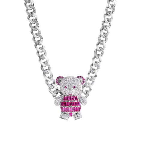 Sterling Silver Teddy Bear Baguette Pink and Clear CZ Encrusted Miami Cuban Link Chain