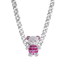 Sterling Silver Teddy Bear Baguette Pink and Clear CZ Encrusted Miami Cuban Link Chain