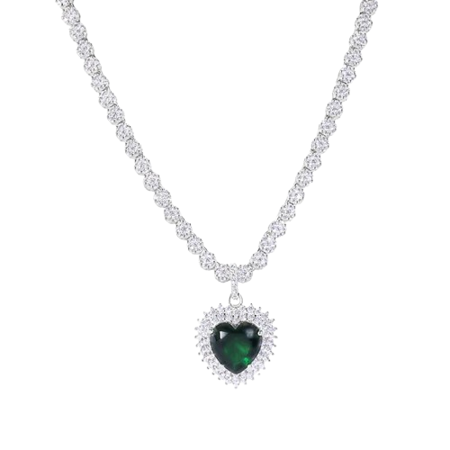 Sterling Silver Rhodium Plated Heart Green CZ Pendant Round Cut Clear CZ Tennis Necklace