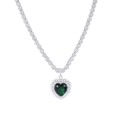 Sterling Silver Rhodium Plated Heart Green CZ Pendant Round Cut Clear CZ Tennis Necklace