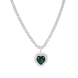 Sterling Silver Rhodium Plated Heart Green CZ Pendant Round Cut Clear CZ Tennis Necklace