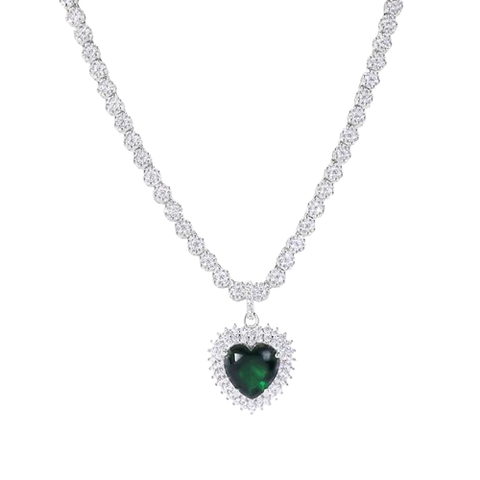 Sterling Silver Rhodium Plated Heart Green CZ Pendant Round Cut Clear CZ Tennis Necklace