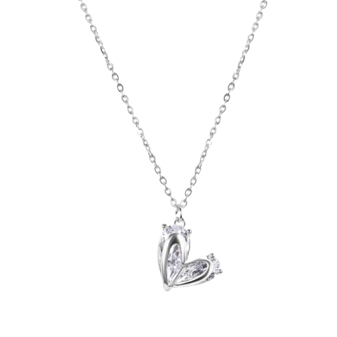 Sterling Silver Rhodium Plated Heart Clear CZ Adjustable Necklace