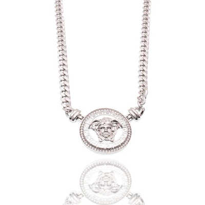 Sterling Silver Rhodium Plated Medusa Greek Key Clear CZ Curb Adjustable Necklace