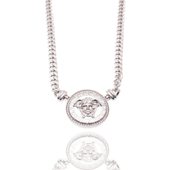 Sterling Silver Rhodium Plated Medusa Greek Key Clear CZ Curb Adjustable Necklace