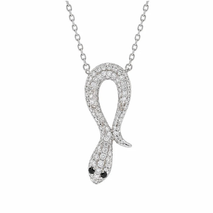 Sterling Silver Rhodium Plated Snake Clear CZ Adjustable Necklace