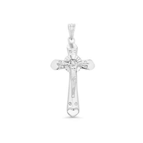 Sterling Silver Rhodium Plated Heart Edge Cross Pendant