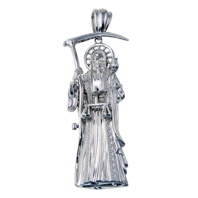 Sterling Silver Rhodium Plated Hollow Santa Muerte Pendant