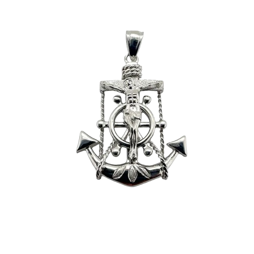 Sterling Silver Rhodium Plated Mariner Anchor Cross Pendant