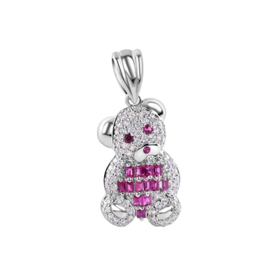 Sterling Silver Rhodium Plated Small Teddy Bear Red Baguette And Clear CZ Pendant
