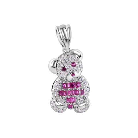 Sterling Silver Rhodium Plated Small Teddy Bear Red Baguette And Clear CZ Pendant