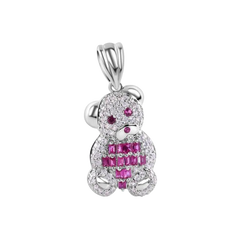 Sterling Silver Rhodium Plated Small Teddy Bear Red Baguette And Clear CZ Pendant