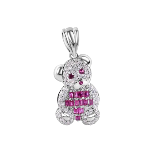 Sterling Silver Rhodium Plated Small Teddy Bear Red Baguette and Clear CZ Pendant