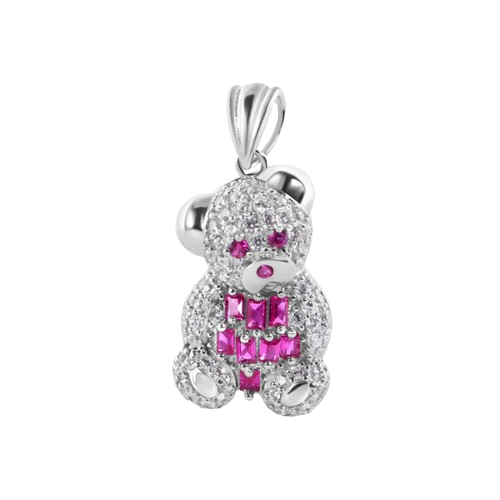 Sterling Silver Rhodium Plated Medium Teddy Bear Red Baguette and Clear CZ Pendant