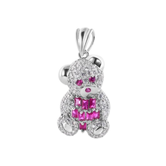 Sterling Silver Rhodium Plated Medium Teddy Bear Red Baguette and Clear CZ Pendant