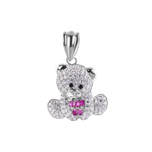 Sterling Silver Rhodium Plated Teddy Bear Red Baguette and Clear CZ Pendant