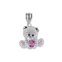 Load image into Gallery viewer, Sterling Silver Rhodium Plated Teddy Bear Red Baguette and Clear CZ Pendant