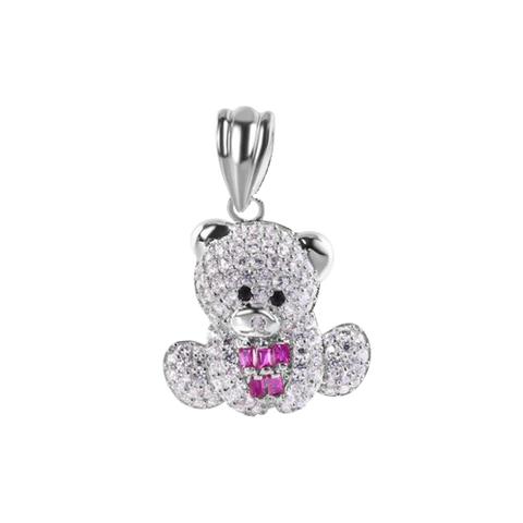 Sterling Silver Rhodium Plated Teddy Bear Red Baguette and Clear CZ Pendant