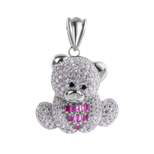 Load image into Gallery viewer, Sterling Silver Rhodium Plated Teddy Bear Red Baguette and Clear Large CZ Pendant