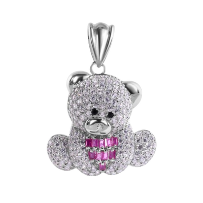 Sterling Silver Rhodium Plated Teddy Bear Red Baguette and Clear Large CZ Pendant