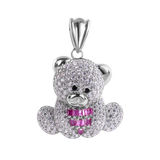 Sterling Silver Rhodium Plated Teddy Bear Red Baguette and Clear Large CZ Pendant