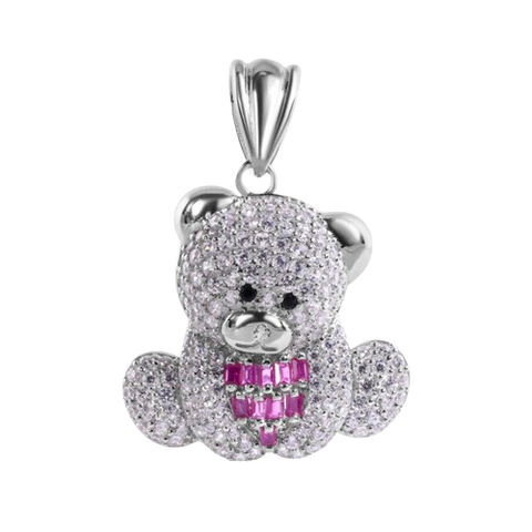 Sterling Silver Rhodium Plated Teddy Bear Red Baguette and Clear Large CZ Pendant