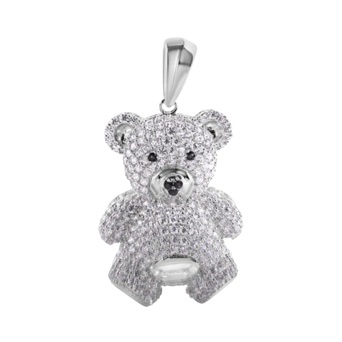 Sterling Silver Rhodium Plated Teddy Bear and Black CZ Pendant