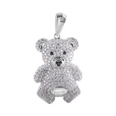 Sterling Silver Rhodium Plated Teddy Bear and Black CZ Pendant