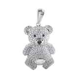 Sterling Silver Rhodium Plated Teddy Bear and Black CZ Pendant