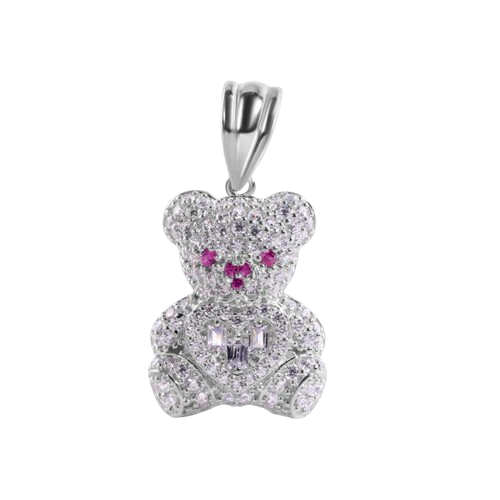 Sterling Silver Rhodium Plated Teddy Bear Clear Baguette Heart Red and Clear Large CZ Pendant