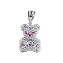 Load image into Gallery viewer, Sterling Silver Rhodium Plated Teddy Bear Clear Baguette Heart Red and Clear Large CZ Pendant