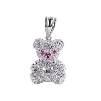 Sterling Silver Rhodium Plated Teddy Bear Clear Baguette Heart Red and Clear Large CZ Pendant