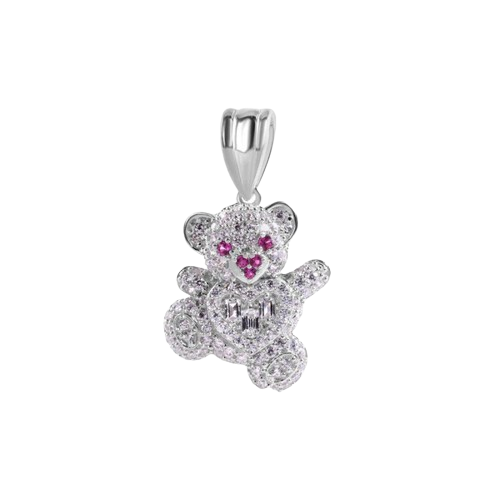 Sterling Silver Rhodium Plated Teddy Bear Clear Baguette Heart Red and Clear CZ Pendant