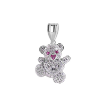 Load image into Gallery viewer, Sterling Silver Rhodium Plated Teddy Bear Clear Baguette Heart Red and Clear CZ Pendant