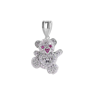 Sterling Silver Rhodium Plated Teddy Bear Clear Baguette Heart Red and Clear CZ Pendant