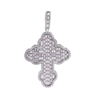 Sterling Silver Rhodium Plated Cathedral Cross Baguette Clear Large CZ Pendant