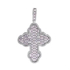 Sterling Silver Rhodium Plated Cathedral Cross Baguette Clear Large CZ Pendant