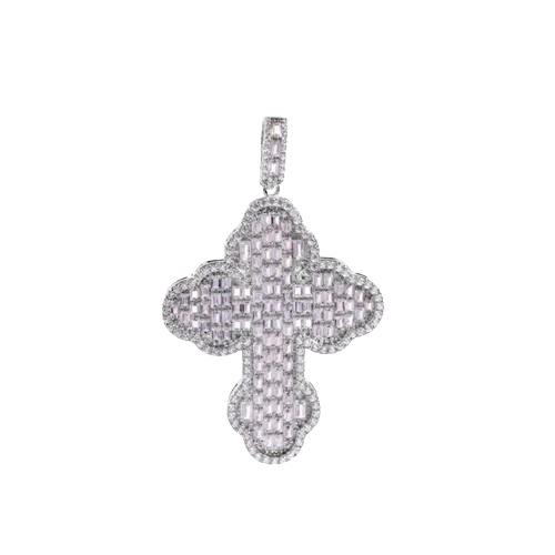 Sterling Silver Rhodium Plated Cathedral Cross Baguette Clear CZ Pendant