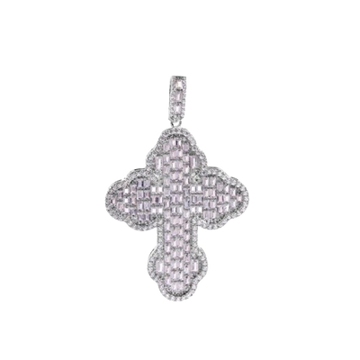 Sterling Silver Rhodium Plated Cathedral Cross Baguette Clear CZ Pendant