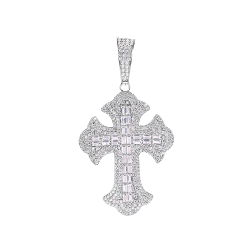 Sterling Silver Rhodium Plated 43.8mm Fleur De Lis Cross Baguette Cut Clear CZ Pendant