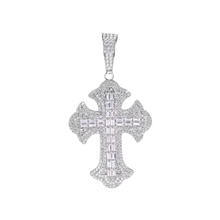 Load image into Gallery viewer, Sterling Silver Rhodium Plated 43.8mm Fleur De Lis Cross Baguette Cut Clear CZ Pendant