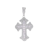 Sterling Silver Rhodium Plated 43.8mm Fleur De Lis Cross Baguette Cut Clear CZ Pendant