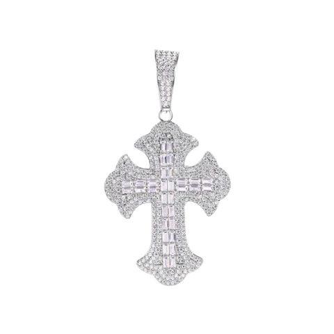 Sterling Silver Rhodium Plated 43.8mm Fleur De Lis Cross Baguette Cut Clear CZ Pendant