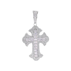Sterling Silver Rhodium Plated 43.8mm Fleur De Lis Cross Baguette Cut Clear CZ Pendant