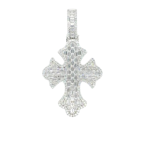 Sterling Silver Rhodium Plated 52.6mm Fleur De Lis Cross Baguette Cut Clear CZ Pendant