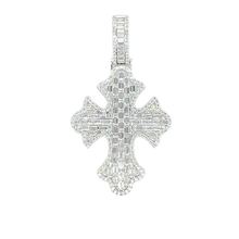 Load image into Gallery viewer, Sterling Silver Rhodium Plated 52.6mm Fleur De Lis Cross Baguette Cut Clear CZ Pendant