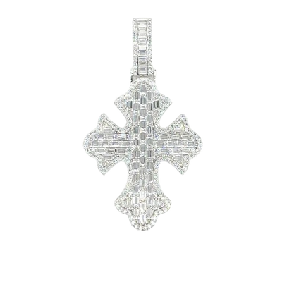Sterling Silver Rhodium Plated 52.6mm Fleur De Lis Cross Baguette Cut Clear CZ Pendant
