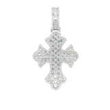 Sterling Silver Rhodium Plated 52.6mm Fleur De Lis Cross Baguette Cut Clear CZ Pendant