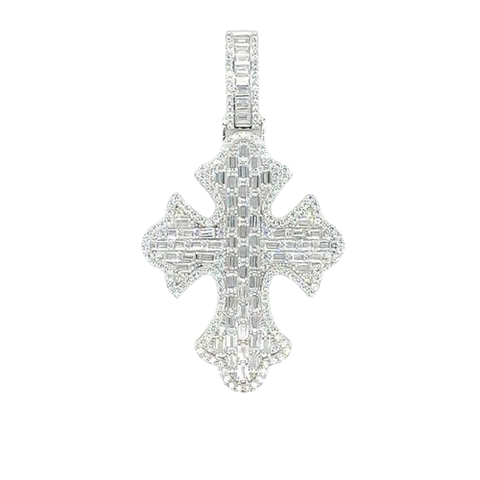 Sterling Silver Rhodium Plated 52.6mm Fleur De Lis Cross Baguette Cut Clear CZ Pendant