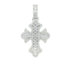 Sterling Silver Rhodium Plated 52.6mm Fleur De Lis Cross Baguette Cut Clear CZ Pendant